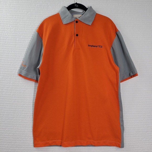 Amphenol TCS Polo Shirt Mens Large Orange Gray Color Block Short Sleeve Pique